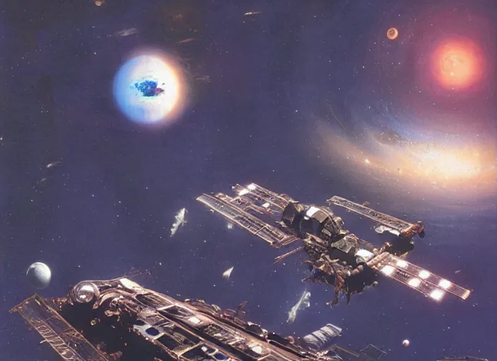 Prompt: abandoned space station drifting in deep space, cinematic matte painting, peter elson, chris foss, john berkey, terran trade authority