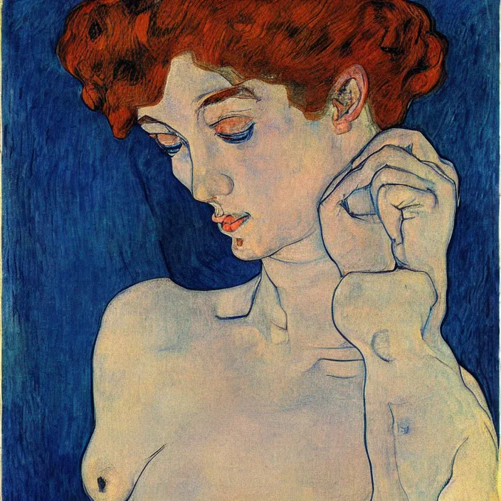 Image similar to portrait of a woman with iris. indigo blue. henri de toulouse - lautrec, egon schiele