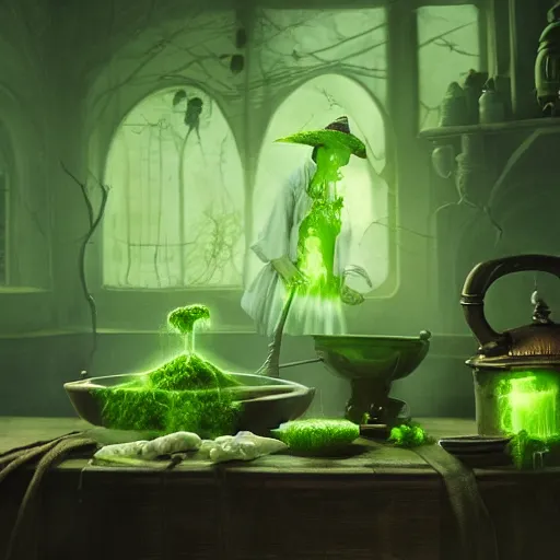 Image similar to a scary witch making green glowing soup from a cauldron, Matte painting , detailed painting, made by Greg Rutkowski, 4k, atmospheric