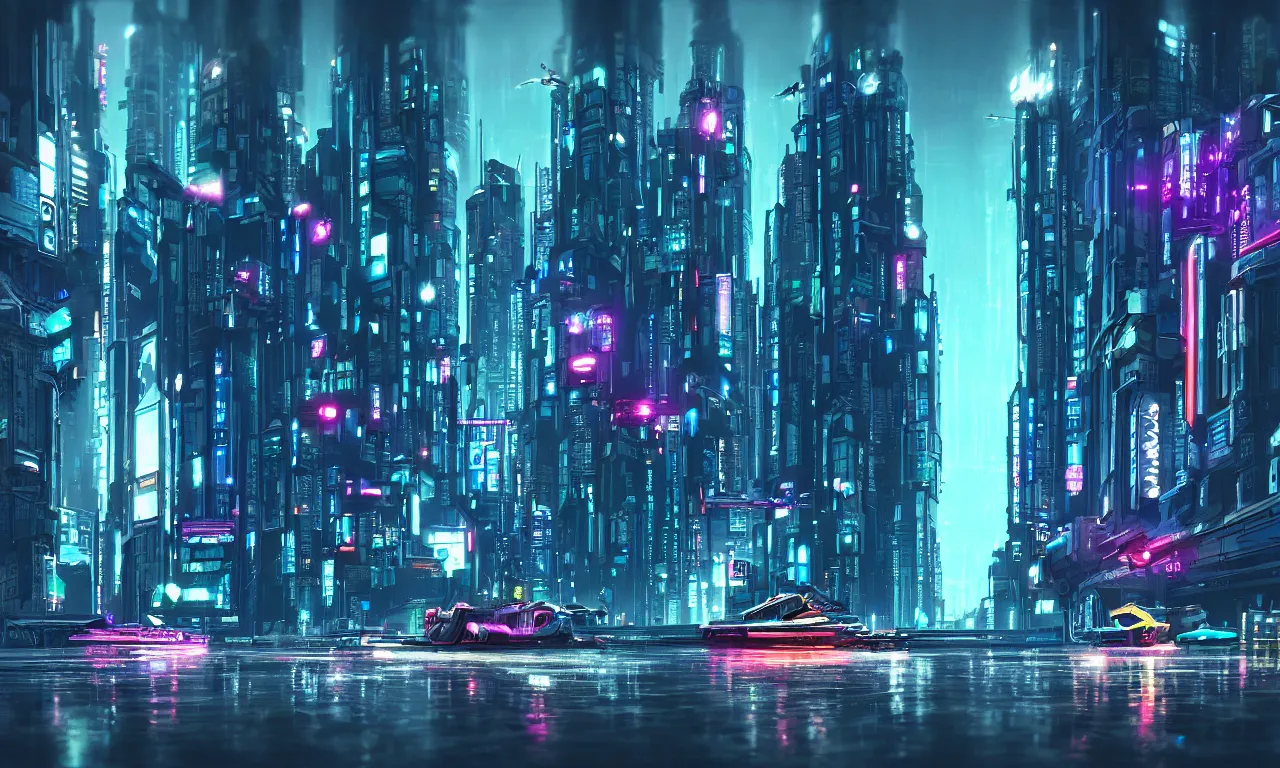 Image similar to cyberpunk night city with flying robot and cybertruck with mutant, digital art, reflections, heavy rain, beautiful concept art, high detail