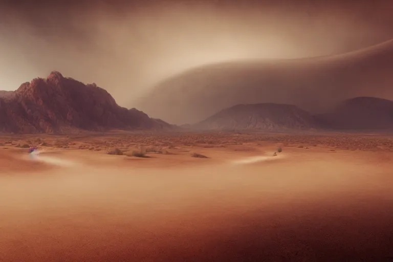 Prompt: a dust storm rolling over a desert, dramatic, mid day, mountain background, large scale, wide angle, hyperrealistic, lots of detail, realistic lighting, octane render, by wlop, artgerm, trending on artstation