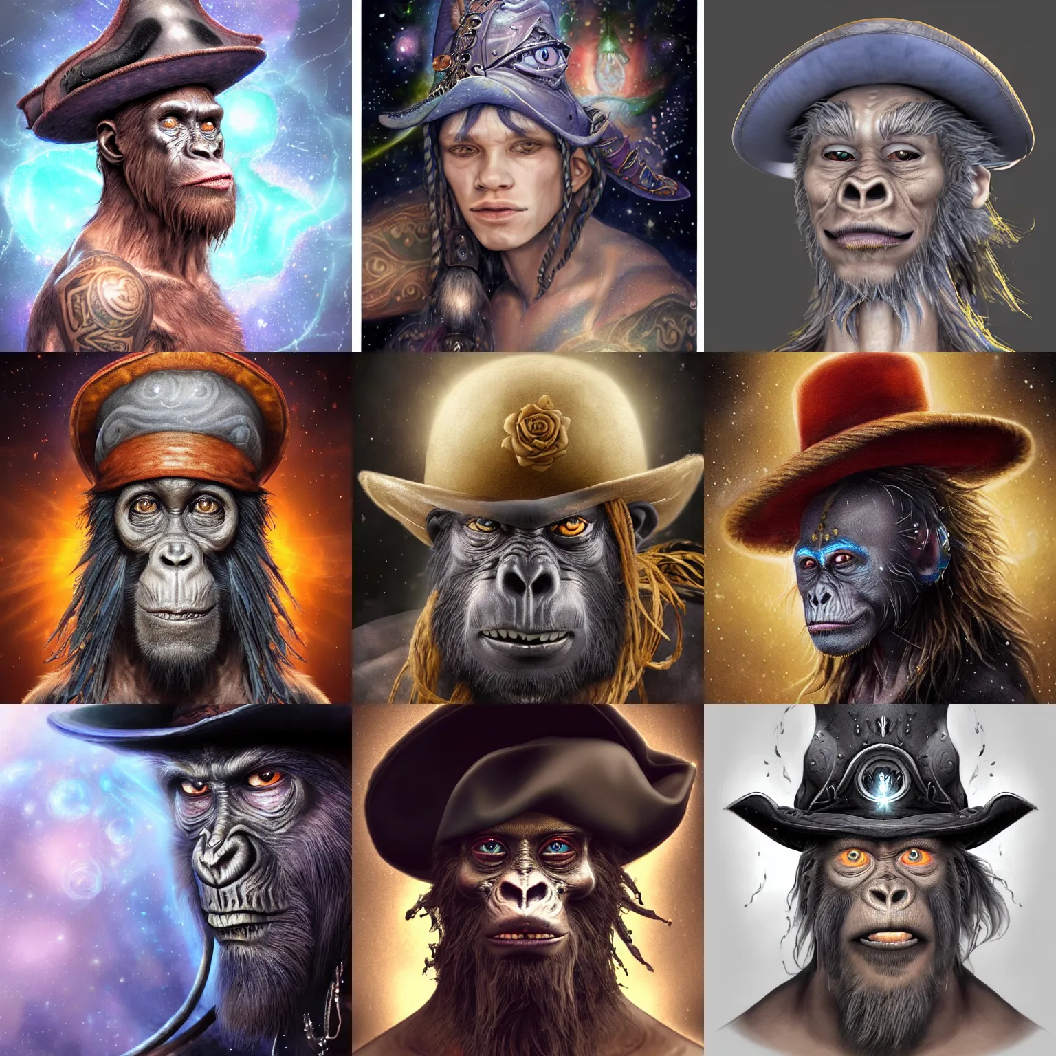 Image similar to a wlop 3 d render of very very very very highly detailed beautiful mystic portrait of a young ghost ape pirate in a hat with whirling galaxy around, tattoos by anton pieck, intricate, extremely detailed, digital painting, artstation, concept art, smooth, sharp focus, illustration, intimidating lighting, incredible art,