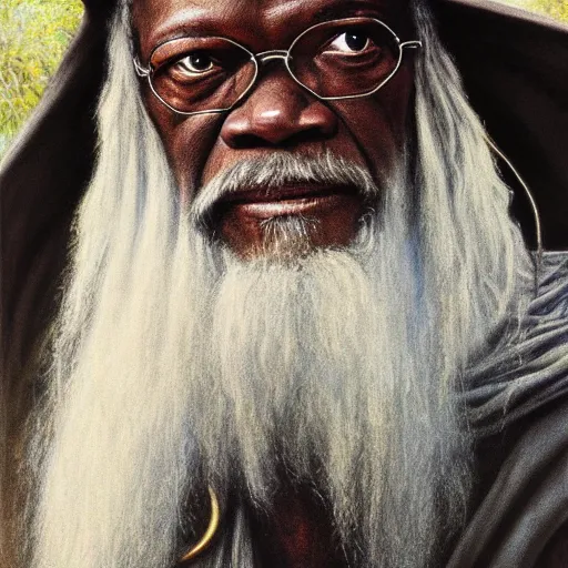 Image similar to portrait of samuel jackson as gandalf, by alan lee, lord of the rings calendar, smooth, detailed terrain, oil painting, matte painting, concept art, trending on artstation