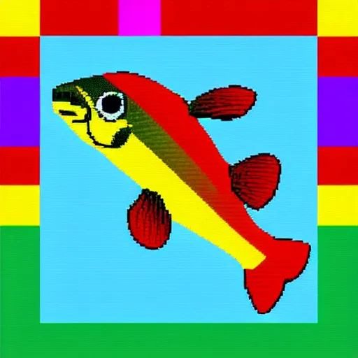 Prompt: colorful fishes swimming in rainbow pixel art