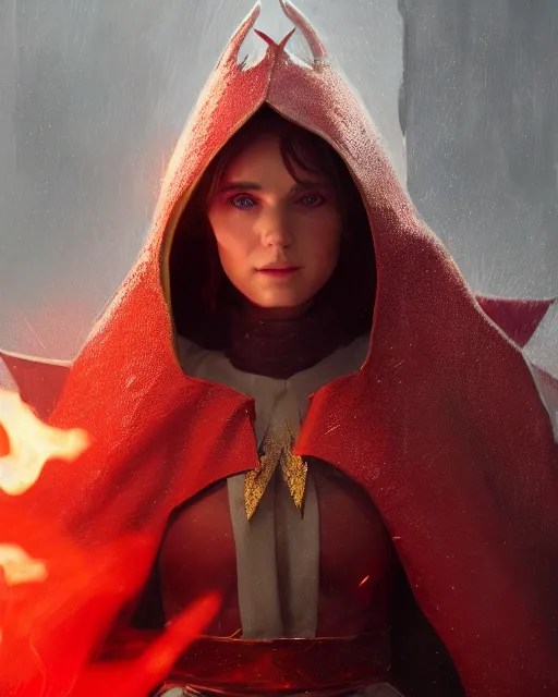 Image similar to close up character portrait of a female elf priest in a scale mail and a red cape casting a fire spell in a shape of a dragon, by greg rutkowski, trending on artstation, unreal engine 4 k, 8 0 mm, 8 5 mm, cinematic wallpaper