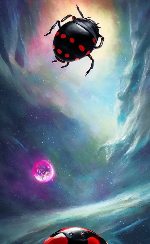 Prompt: a beautiful artwork illustration, a mechanical ladybug floating across a galactic nebula, volumetric fog, godrays, high contrast, high contrast, high contrast, vibrant colors, vivid colors, high saturation, by Greg Rutkowski and Jesper Ejsing and Raymond Swanland, featured on artstation, wide angle, vertical orientation