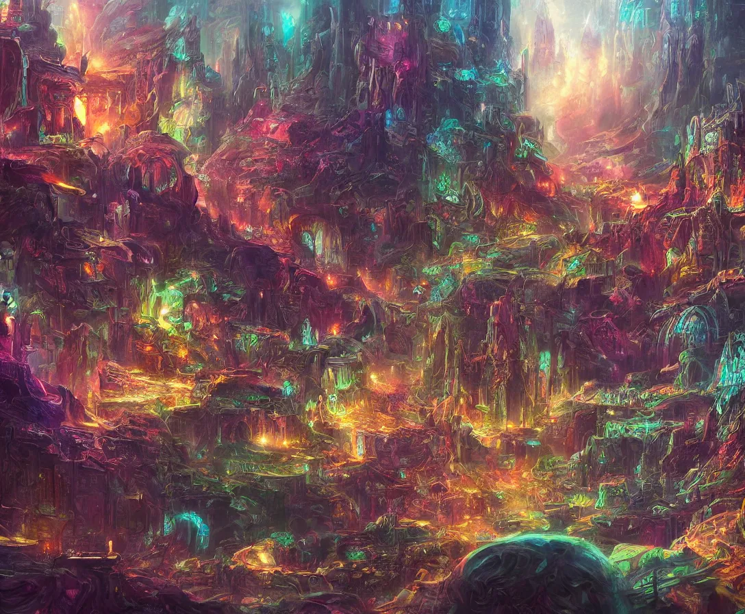 Image similar to detailed painting of an intricate fantasy sci-fi-world, colorful, dreamy, concept art