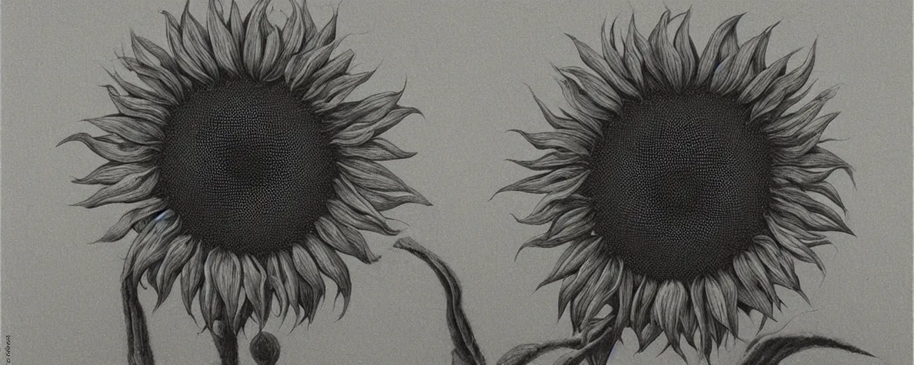 Image similar to a black and white sunflower, black minimalistic background, by Beksinski