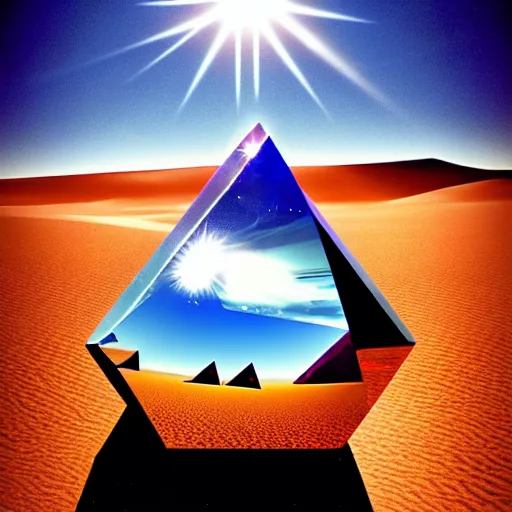 Prompt: poster big angular crystal in the desert, reflection from the crystal is sparkling due to sun, small starship near, futuristic, hi-tech details, style jean giraud