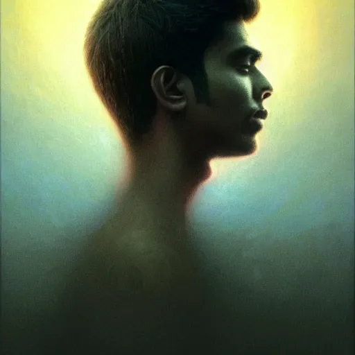 Image similar to perfectly - centered movie promotional poster - photograph of a young indian guy and a beautiful girl side profile faces symmetrical ; real life portrait by beksinski and jean delville, romantic theme, two lovers sharing one heart, unreal engine 5, photorealism, hd quality, 8 k resolution, cinema 4 d, hdr dramatic lighting ; symmetrical, cinematic, high coherence