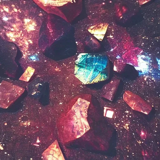 Prompt: “chunks of labradorite floating through space, stars in background, warm pink and red tones, film grain”