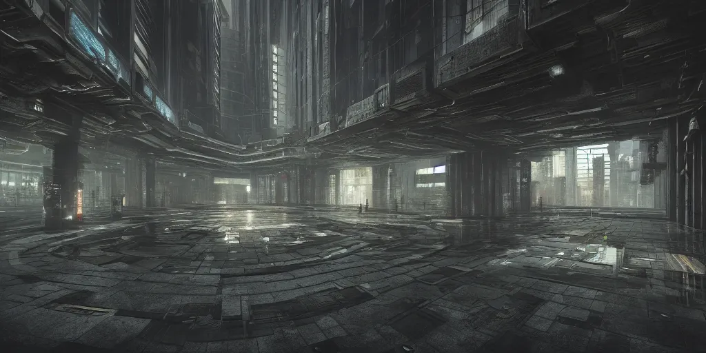 Image similar to giant empty cyberpunk courtyard, giant concrete walls, dark atmosphere, award winning, trending on artstation, digital art. highly detailed 8 k. intricate. lifelike. soft light. nikon d 8 5 0.