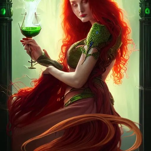 Prompt: Portrait of female sorceress with long red wavy hair and a green dress and a goblet with a glowing potion in it, epic dark fantasy, medium shot, intricate, elegant, highly detailed, digital painting, artstation, concept art, smooth, sharp focus, illustration, art by artgerm and greg rutkowski and alphonse mucha