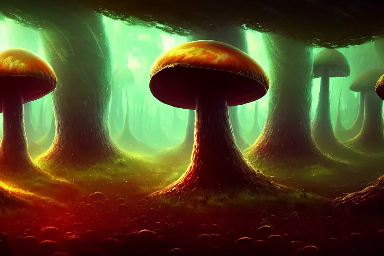 Image similar to a giant mushroom forest in the style of Anato Finnstark concept art, 4K, UHD, High quality, Trending on Artstation HQ