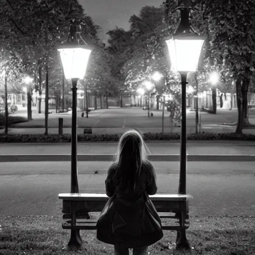 Prompt: a girl reading book, hair flowing down, city park, street lights, contrast, dramatic, by Noel Coypel