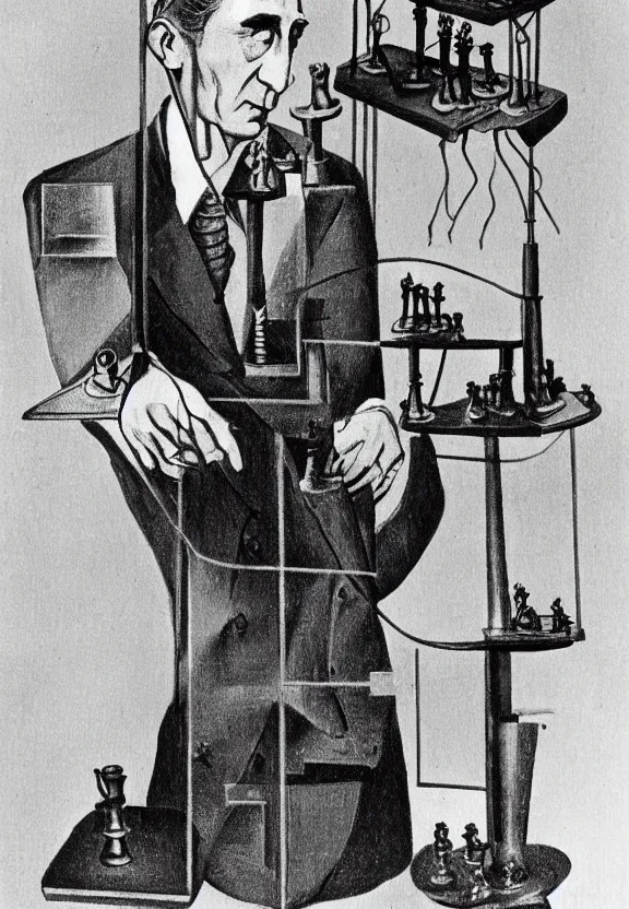 Prompt: a concept drawing of marcel duchamp holding up a chess - piece wire - machine, a surrealist painting by marcel duchamp, complex artificial - intelligence machinery, 1 9 2 0 s