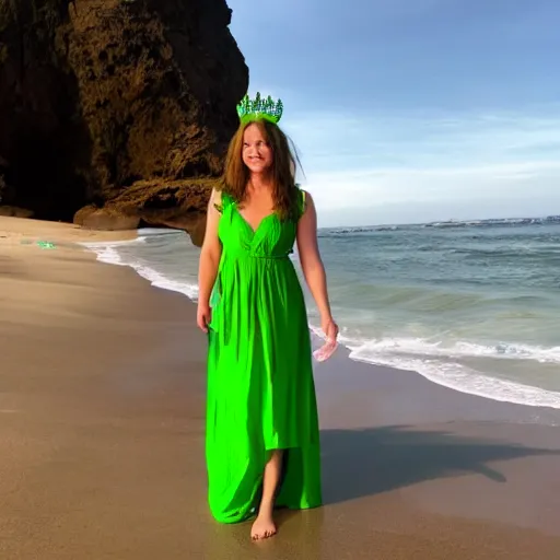 Prompt: A photo of a young woman standing on a beach wearing a green dress and a crown