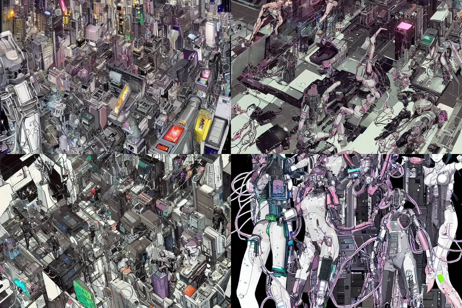 Prompt: a cyberpunk illustration of a group of female androids in style of masamune shirow, their bodies scattered on an empty, white floor with in various poses and cables and wires coming out, by yukito kishiro and katsuhiro otomo, hyper-detailed, intricate, view from above