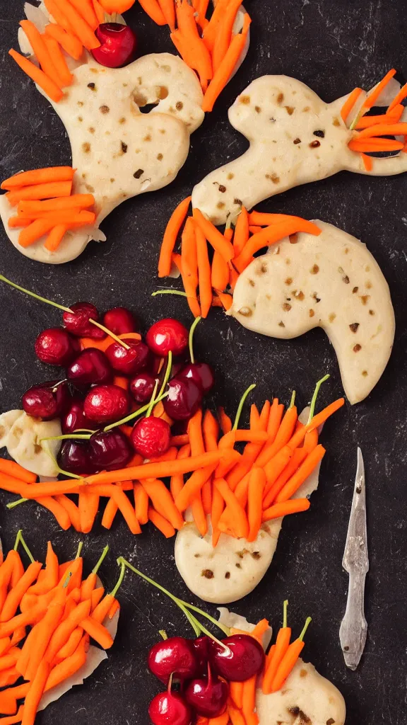 Prompt: 1 9 7 0 s food photography of carrot and cherries in the shape of a man