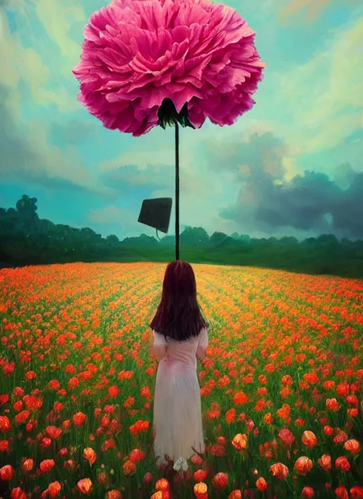 Image similar to woman with a giant carnation as a face, flower field, surreal photography, sunset dramatic light, impressionist painting, colorful clouds, blue sky, digital painting, artstation, simon stalenhag