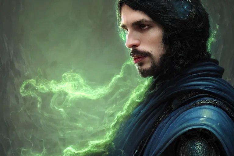 Prompt: ultrarealistic male mage half face infected portrait fighting, long black hair blue eyes wearing leather mantle gothic navy cloak with leather details, green plants, octane render, extreme intricate details, elegant, cinematic lighting, highly detailed, artstation, dnd fantasy character art, cgsociety, sharp focus, beautiful digital painting by artgerm, gerald brom, wlop, alphonse mucha