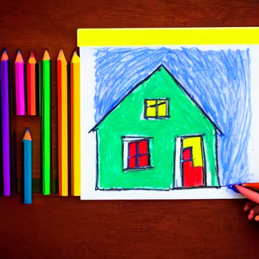 Prompt: drawing of a house by a three year old with crayons