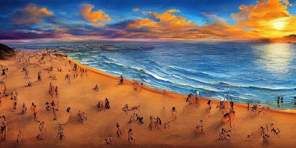 Image similar to People in beach, beach is between the two valleys, by Salvador Dali and Bob Ross collaboration, sun set, digital art, high details, drone wide shot