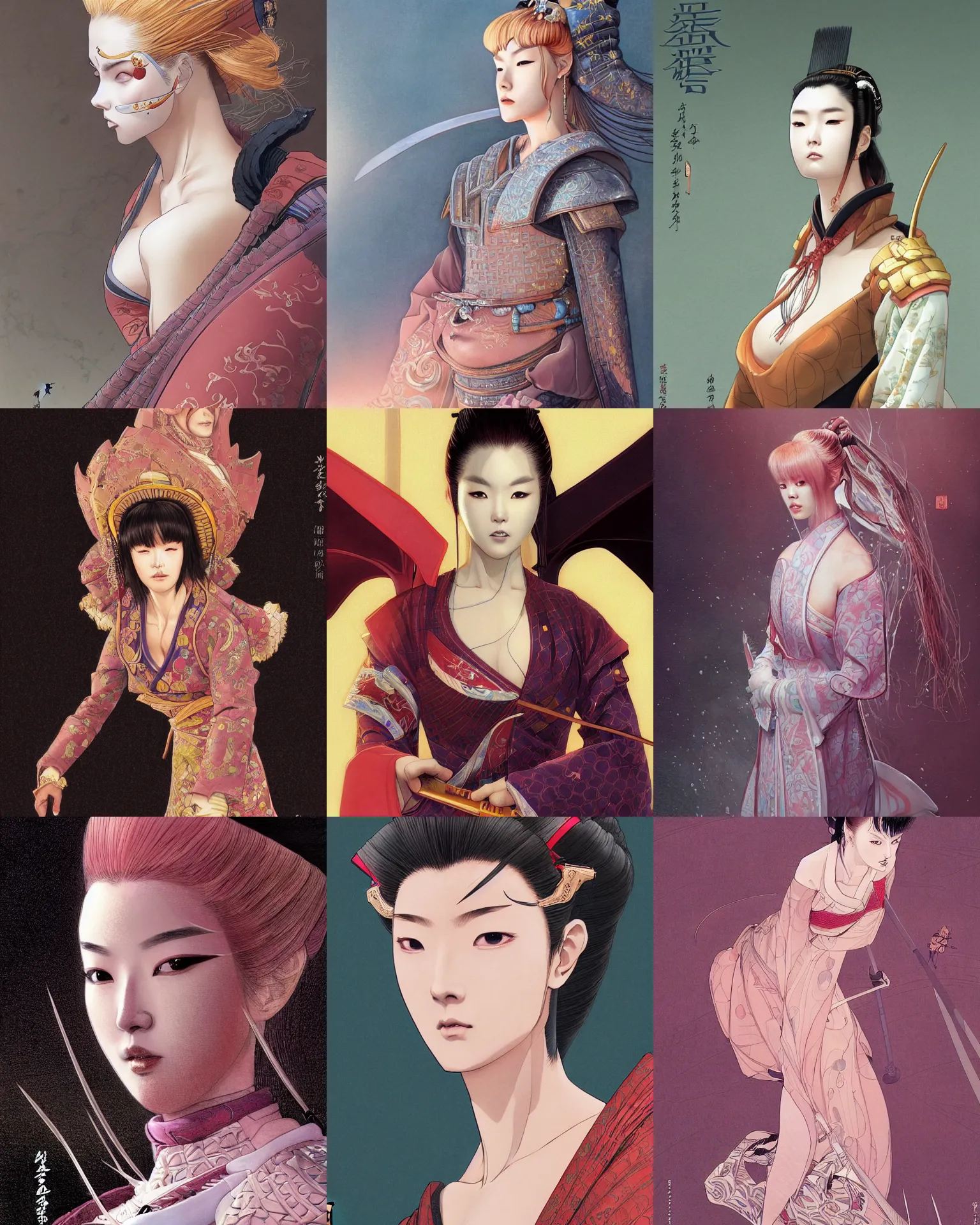 Prompt: close - up of luxurious samurai lee jin - eun in a seductive space dress, by amano yoshitaka, marc simonetti, jean giraud, martine johanna, josan gonzalez, beautiful, smooth, sharp focus, clean details, elegant,