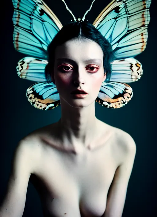 Prompt: cinestill 5 0 d photo portrait of a beautiful hybrid woman in style of paolo roversi by roberto ferri, body wearing an intricate dress with butterfly wings detailed, intricate ornamental hair, 1 5 0 mm lens, f 1. 4, sharp focus, ethereal, emotionally evoking, head in focus, radiant volumetric lighting, matt colors outdoor