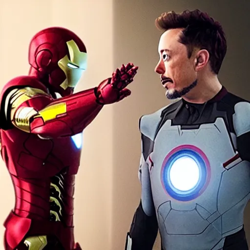 Prompt: a still film of elon musk shaking hands with iron man in new avengers movie, 4k