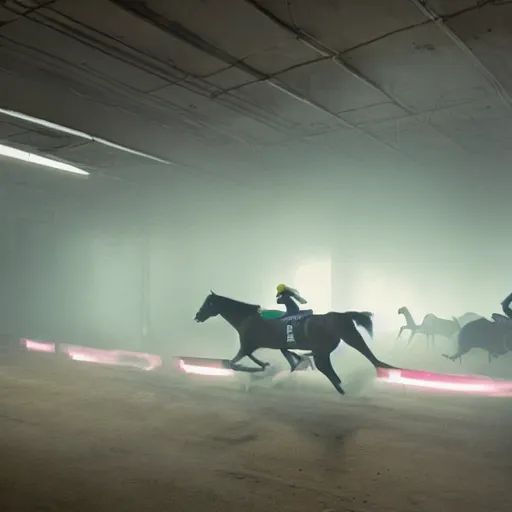 Image similar to wide angle shot from above, muted-neon-color-smoke wisps waft on a current of air through a low energy cluttered parlor and coalesce onto the floor into a close-up outline reminiscent of a high-energy racing horse crossing the finish line.