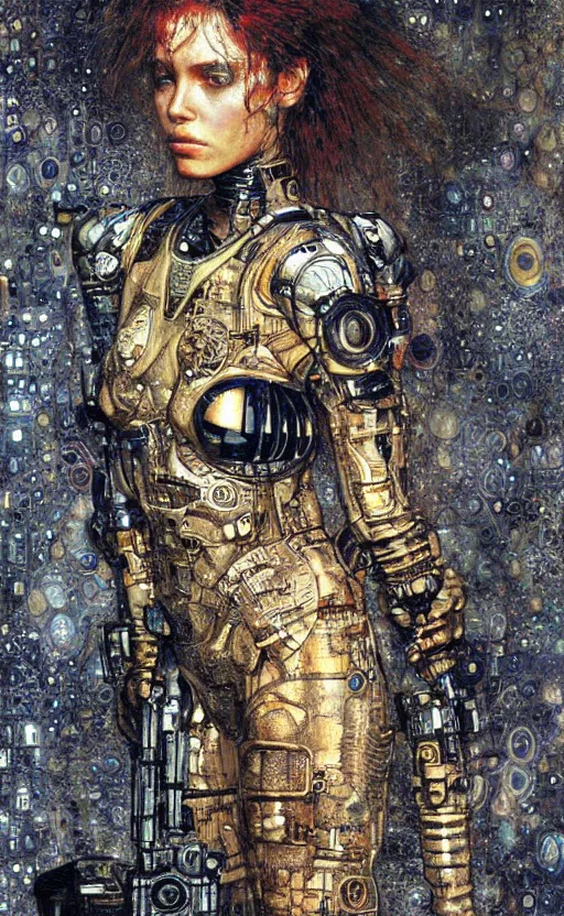 Image similar to cybernetic female supersoldier armed with laser rifle, intricate detail, klimt, royo, whealan,