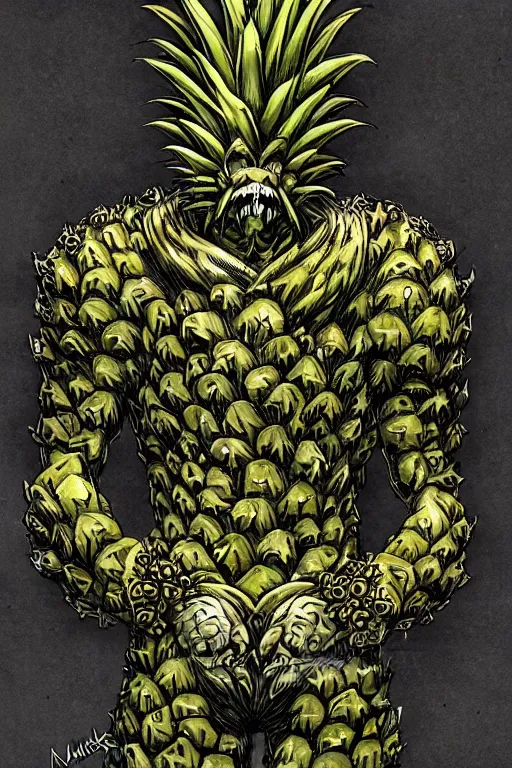 Image similar to pineapple humanoid figure monster wearing pineapple themed armour, symmetrical, highly detailed, digital art, sharp focus, trending on art station, kentaro miura manga art style