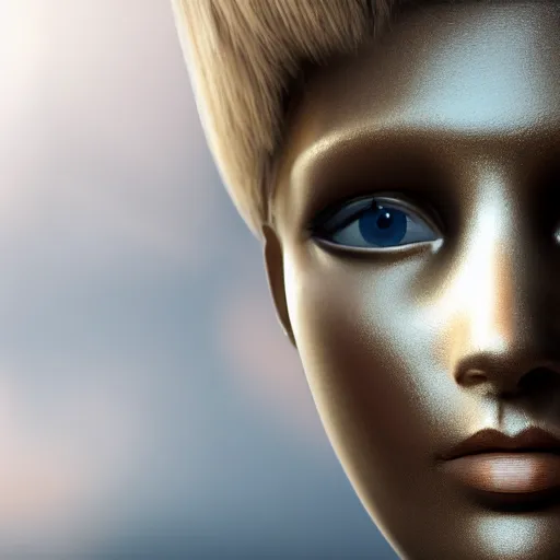 Image similar to panorama of a pretty blond seraphim in a machine city, perfect symmetrical face, cute face, 8 k, shallow depth of field, 8 k, ultra high detail, concept art, w 1 0 2 4