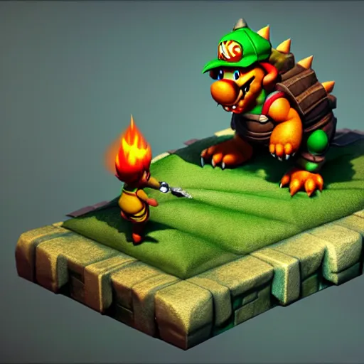 Image similar to Isometric 3D Fantasy Bowser, Smoth 3D Illustration, Cinematic Matte Painting, soft render, Servando Lupini, handpaint texture, Blender, 3DCoat