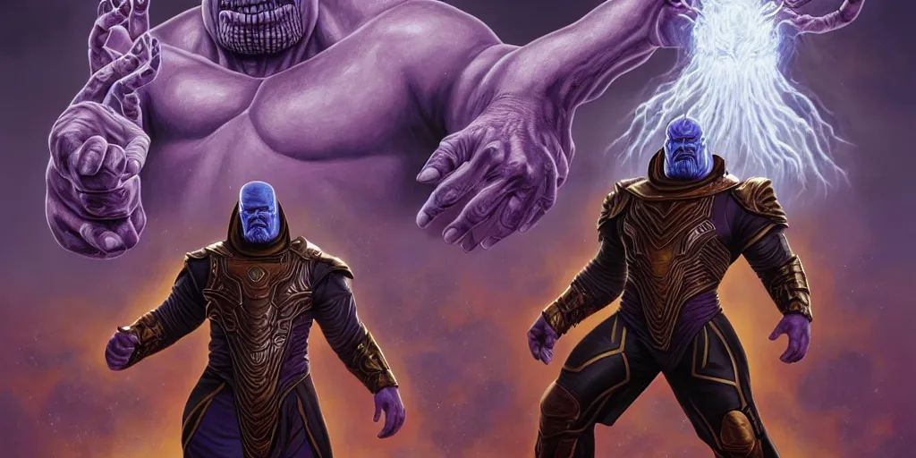 Prompt: south american thanos, as a matte oil painting and d & d character art, by alex grey, standing, fullbody, casting a magic spell, fog, concept art, award - winning, extremely detailed, sharp focus