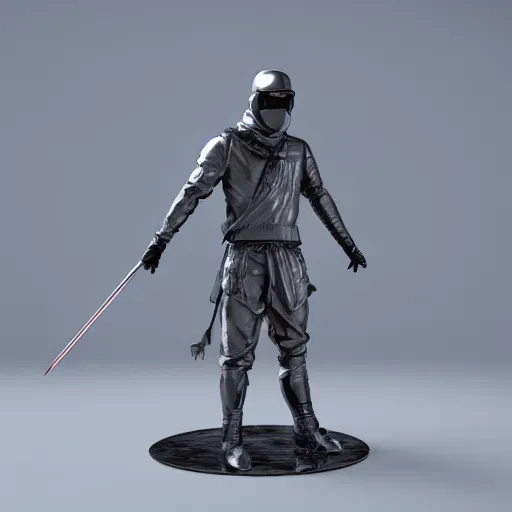 Prompt: 3 d rendering of marble and chrome statue of ninja wearing full face mask and hunter hat, dramatic pose, combat suit, technological, octane render