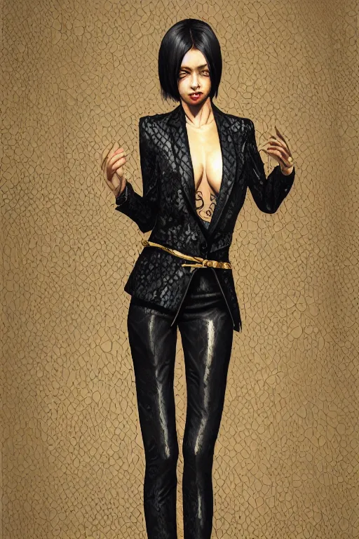 Image similar to yakuza slim girl, gold suit jacket in snake print, jacket over bare torso, yakuza tattoo on body, black short curtain haircut, black leather pants with black belt, portrait, elegant, 2d, ultra highly detailed, digital painting, smooth, sharp focus, artstation, art by Ilya Kuvshinov, rossdraws