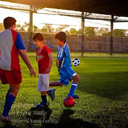 Image similar to boys playing soccer on a floodplain field with family members sitting in the stands, south america's, sunny day, atmosphere, dynamic light, photorealistic, dynamic light, ultra detailed