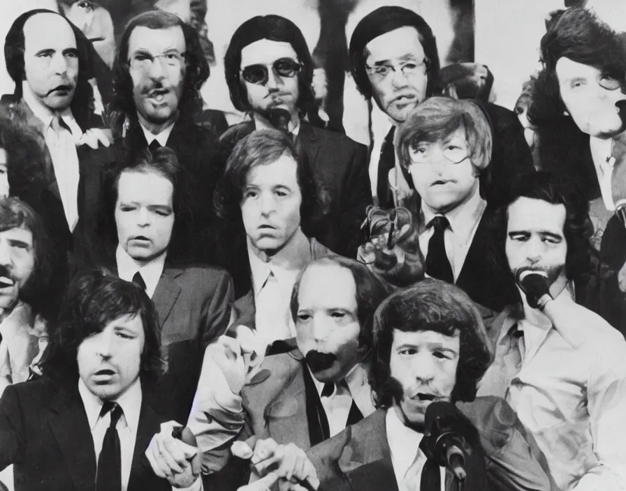 Image similar to joe biden pop band, 1 9 7 0 surrealism aesthetic, detailed facial expressions