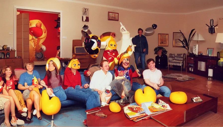 Prompt: 1990s candid 35mm photo of a beautiful day in the living room, cinematic lighting, cinematic look, golden hour, large costumed mascot business fruit people giving spaceship presentations to families, Enormous personified business fruit people with outstandingly happy faces coming out of a portal and talking to families about space and planets, UHD