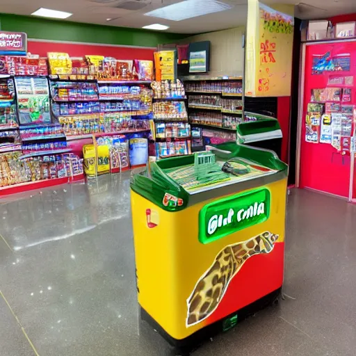 Prompt: a photo of a giraffe at 7 - eleven buying some snacks