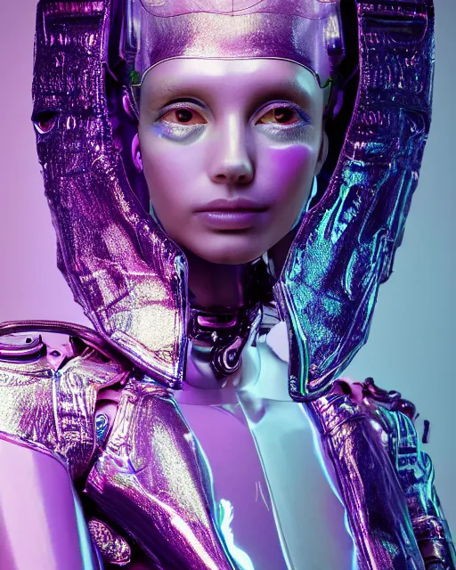 Image similar to natural light, soft focus portrait of a cyberpunk anthropomorphic female robot with soft synthetic pink skin, blue bioluminescent plastics, smooth shiny metal, elaborate ornate head piece, skin textures, by annie leibovitz, paul lehr