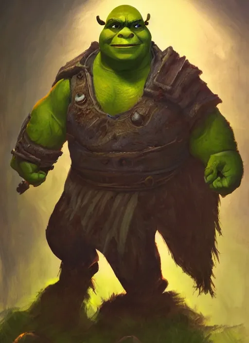 Image similar to dramatic oil painting of shrek as thrall from world of warcraft, artstation, shrek, epic, dramatic,