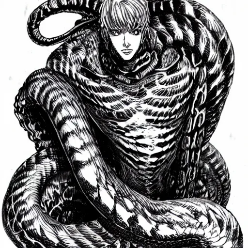 Image similar to a male naga, serpent body, kentaro miura art style