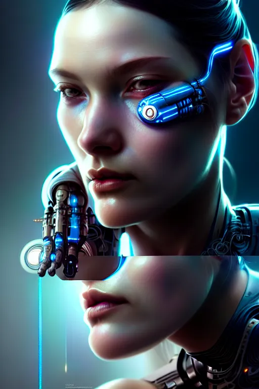 Image similar to portrait of ultra realistic, beautiful cyborg woman, metahuman, sci-fi, fantasy, cyberpunk, intricate, elegant, highly detailed, digital painting, octane render, artstation, concept art, smooth, sharp focus, eerie, illustration, 8k, HD, art by artgerm and giger and alphonse mucha