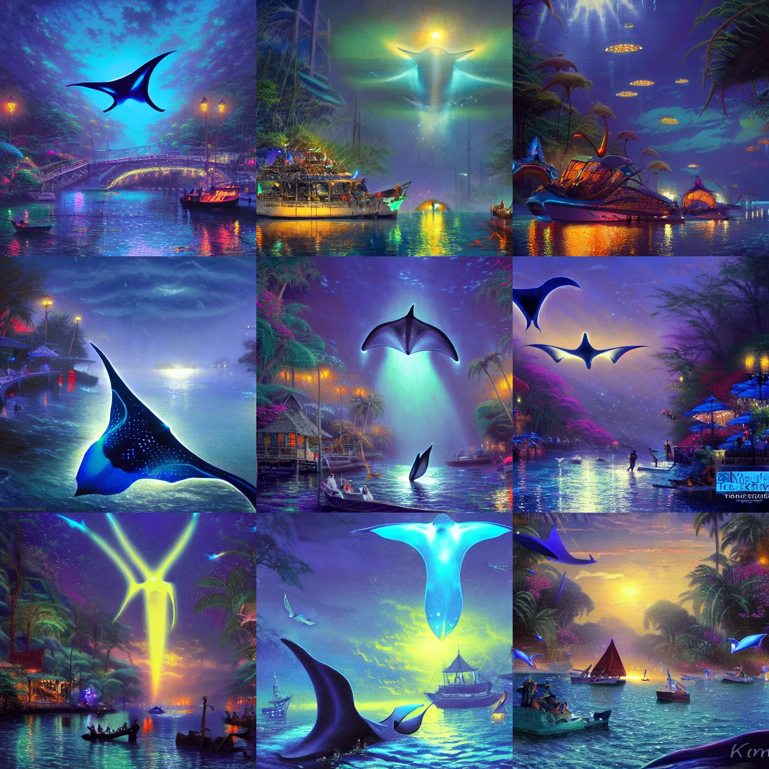 Prompt: glowing manta ray immigration down a river, evocative, mystical night, detailed, award - winning, trending on artstation artwork by thomas kinkade,