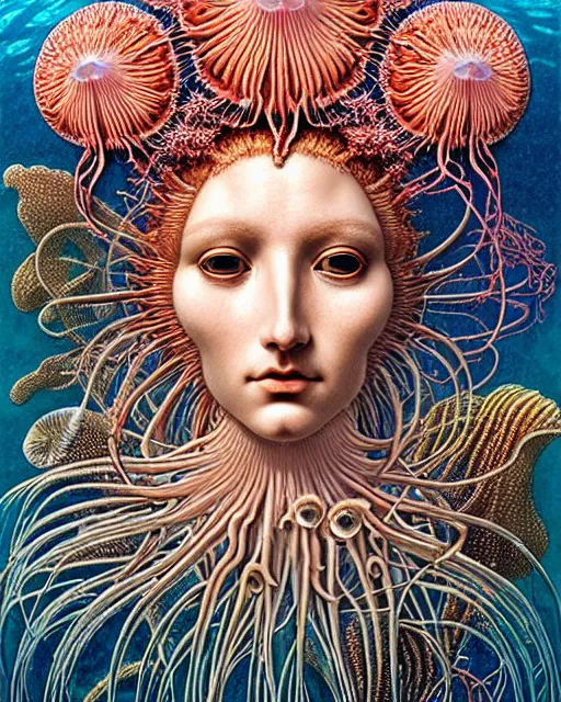 Prompt: hyperrealistic detailed underwater face portrait of the beautiful goddess of the jellyfish with an intricate headgear of corals, sea kelp, sea plants, fish, starfish, jellyfish, art by ernst haeckel, john william godward, android jones, gothic - cyberpunk, ornamental, beautiful deep colours,