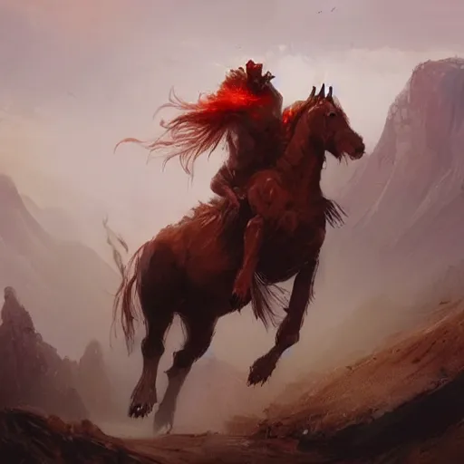 Image similar to Red ogre riding a horse, funny, portrait, Greg rutkowski