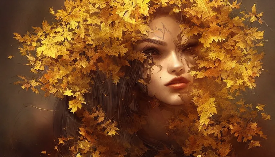 Image similar to golden leaves at frame border, creative!!! composition for a book cover!!!, absurdly beautiful, ultrafine hyperrealistic detailed old!! witch face by wlop and artgerm and greg rutkowski, intricate linework, sharp focus, smooth, octopath traveler, final fantasy, unreal engine, dramatic lighting, ethereal, 8 k